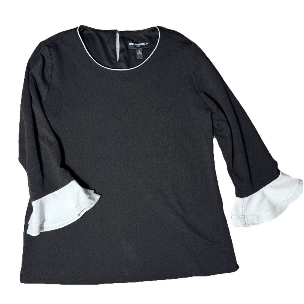Karl Lagerfeld Paris Jet Black White Ruffle Blouse Pearl Button Womens M Capsule